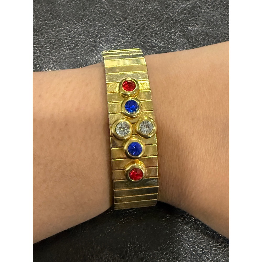 Gold Tone Stretch Bracelet Red Blue Crystal Rhinestone Accent